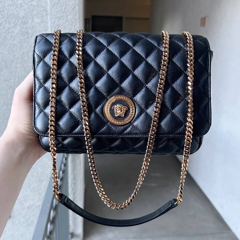 Versace Black Quilted Crossbody Bag with Gold Chain